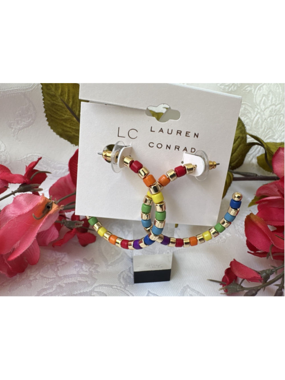 LC Lauren Conrad Goldtone 1 3/4" Colorful Multi Color Beaded Hoop Earrings NEW